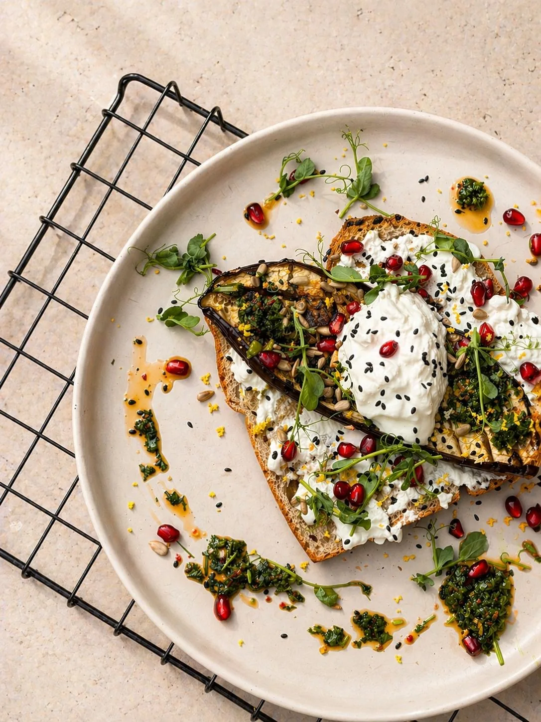 Herzhaftes Frühstück mit Aubergine, cremigem Topping und Kräutern